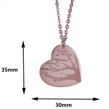 Close-up of a personalized family tree heart pendant showing engraved the size of the pendant.