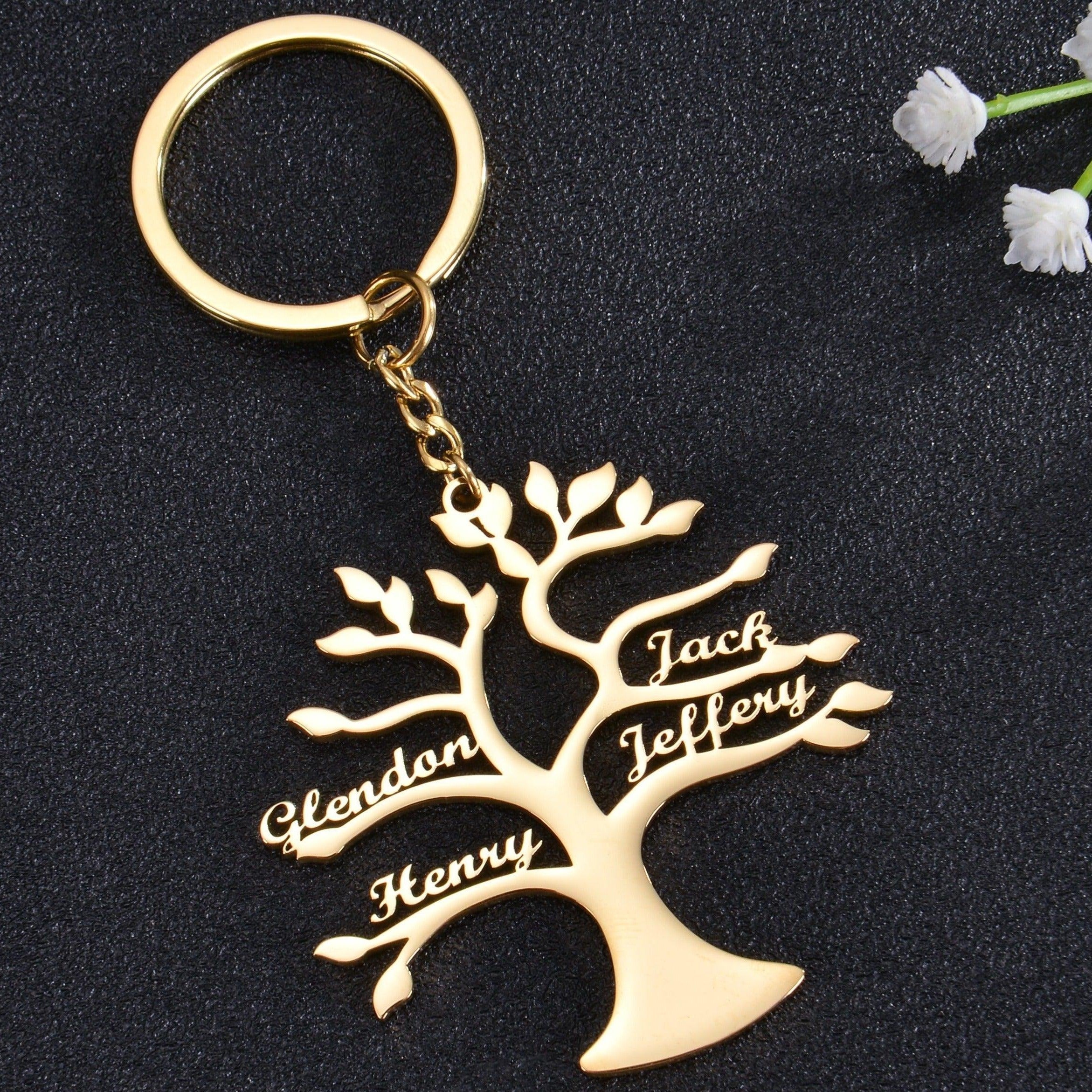 Rose gold personalized family tree keychain with engraved names