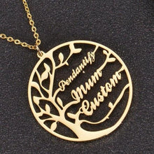 Gold custom family name necklace styled as a meaningful gift for mom or grandma.