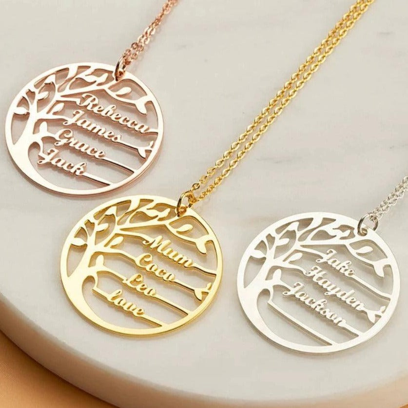 Personalized family tree necklaces displayed together as meaningful custom gifts for moms, grandmas, and family members.
