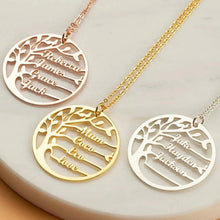 Personalized family tree necklaces displayed together as meaningful custom gifts for moms, grandmas, and family members.