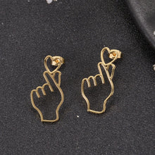 Gold finger heart earrings with stainless steel Korean hand symbol