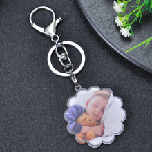 Close-up of a custom acrylic flower keychain personalized with a favorite photo.