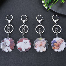 Personalized acrylic photo keychain featuring a beloved pet picture and flower-inspired design.