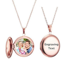 Rose gold custom folding round locket featuring engraved text on exterior cover and photo inside.