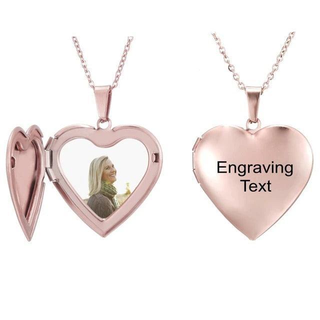 Rose gold custom folding heart locket featuring engraved text on exterior cover and photo inside.