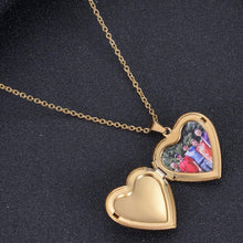 Pendantify personalized gold heart locket necklace showing open view with photo and closed view with custom engraved text.