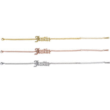 Personalized Old English name bracelets in gold silver and rose gold
