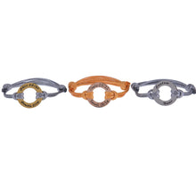Three color options of custom halo bracelet side by side