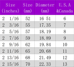 A chart showing ring sizes in inches and millimeters, along with the corresponding US and Canadian ring sizes. The chart includes sizes from 2 1/16 inches to 2 15/16 inches.