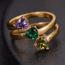 Gold personalized heart birthstone ring with engraved names