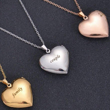 Display of custom heart photo lockets available in gold, silver, and rose gold metallic finishes.