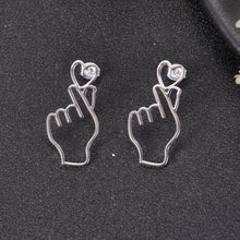 Silver finger heart earrings with Korean hand sign design