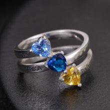 Silver personalized heart birthstone ring with engraved names