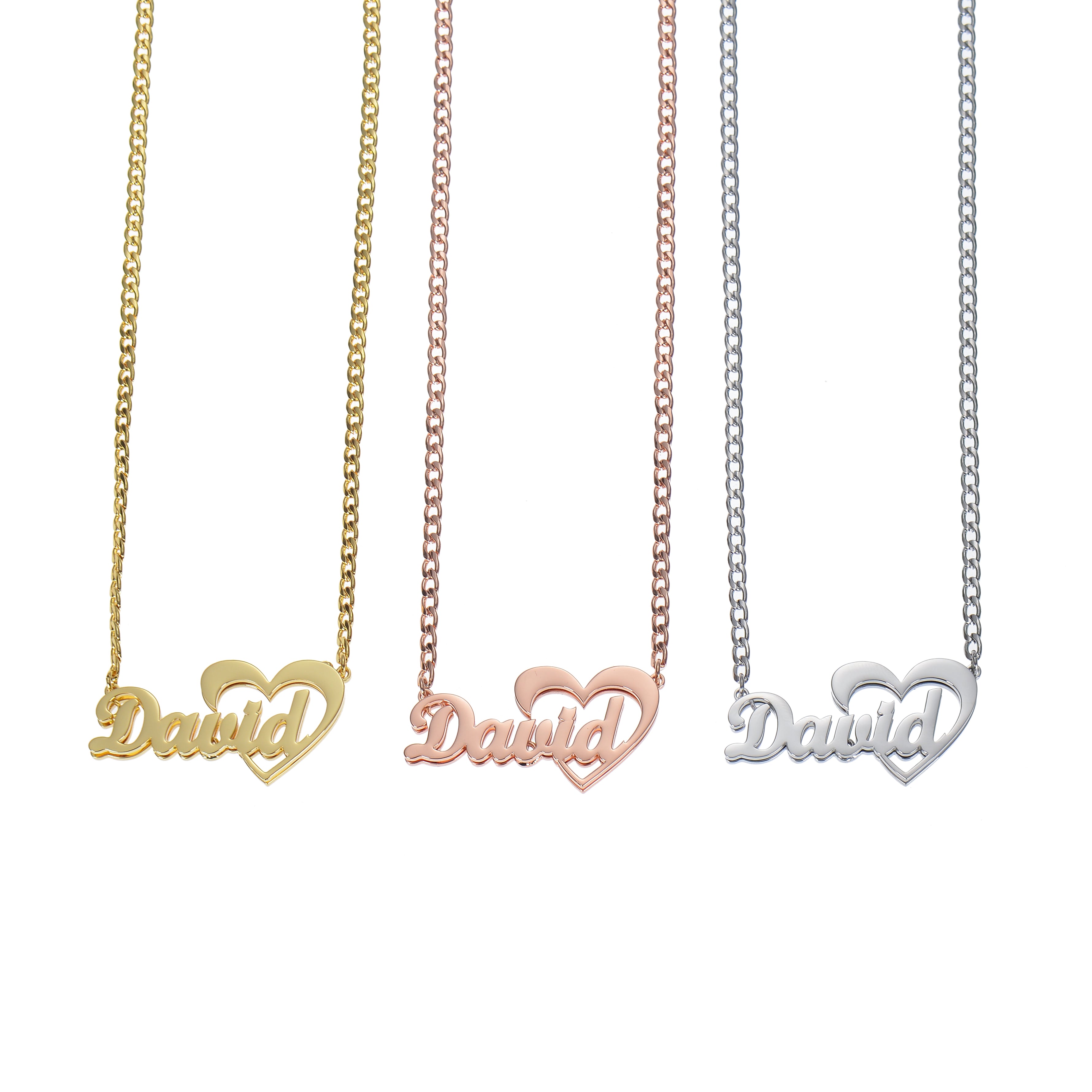 Trio of gold, rose gold, and silver personalized open heart script name necklaces displayed vertically against a white background.