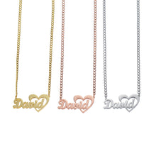 Trio of gold, rose gold, and silver personalized open heart script name necklaces displayed vertically against a white background.