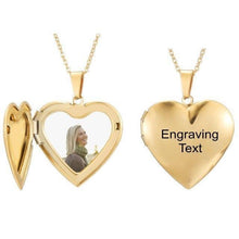 Open gold heart-shaped locket displaying custom inserted portrait photograph on delicate chain.