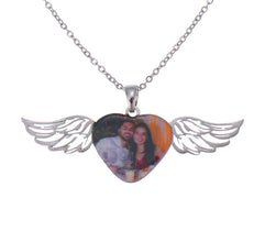Silver angel wings photo necklace with personalized picture pendant displayed on a black background.