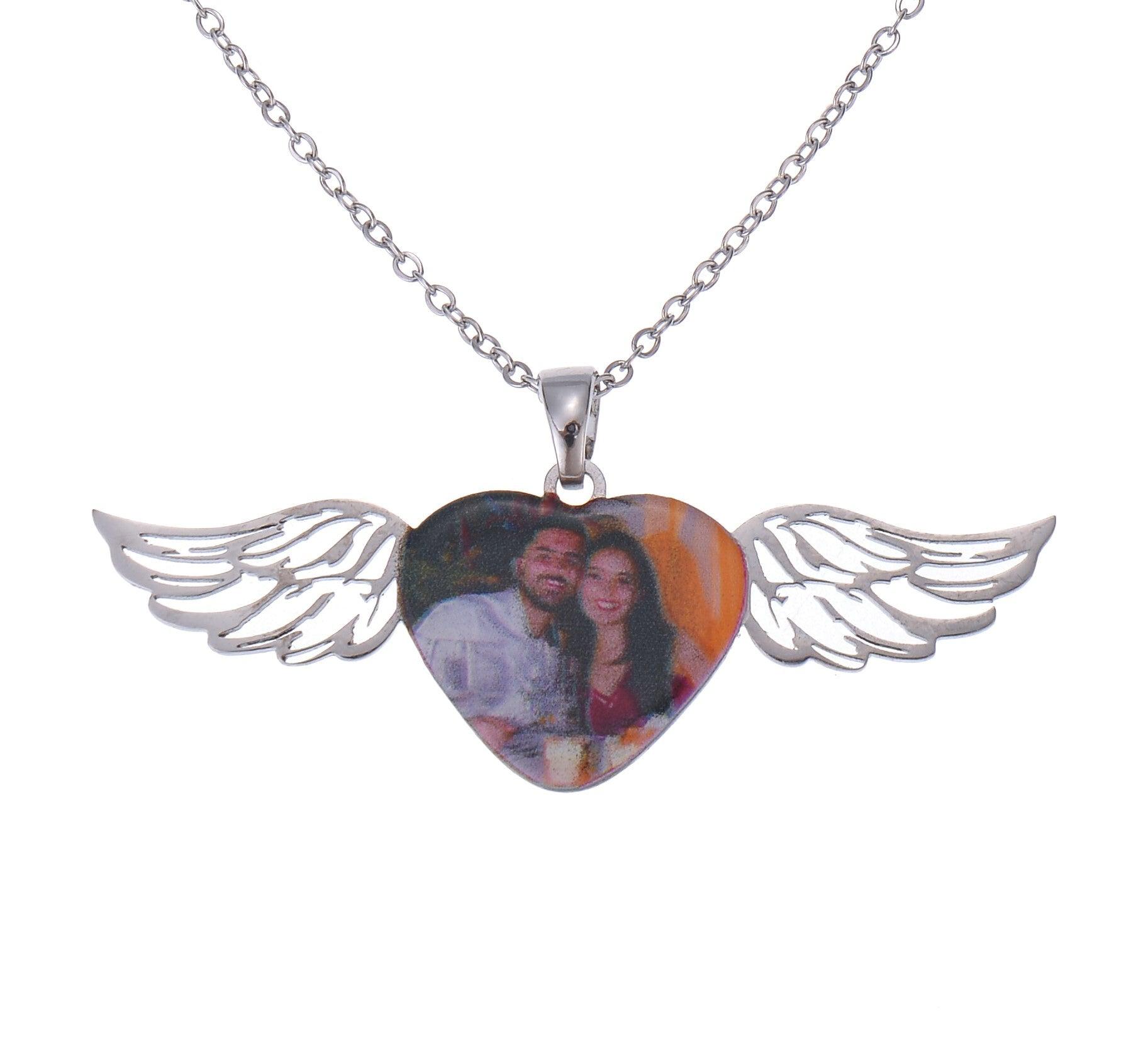 heart photo necklace with angel wings