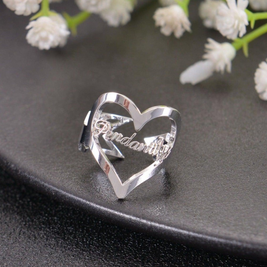 Personalized Heart Shape Name Ring Custom Open-end Name Ring