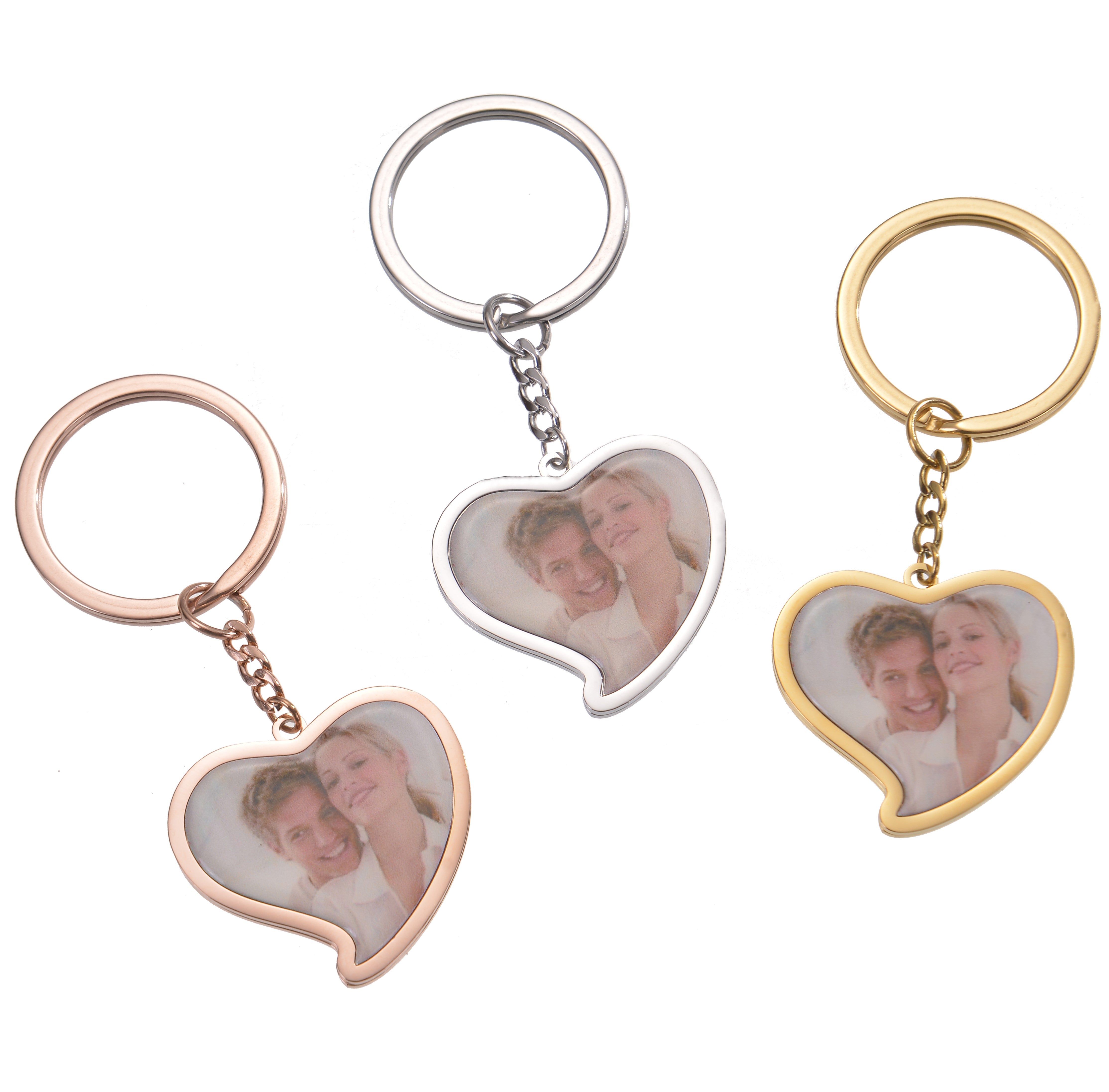 Pendantify personalized heart photo keychain with custom picture print in rose gold, silver, and gold finishes.