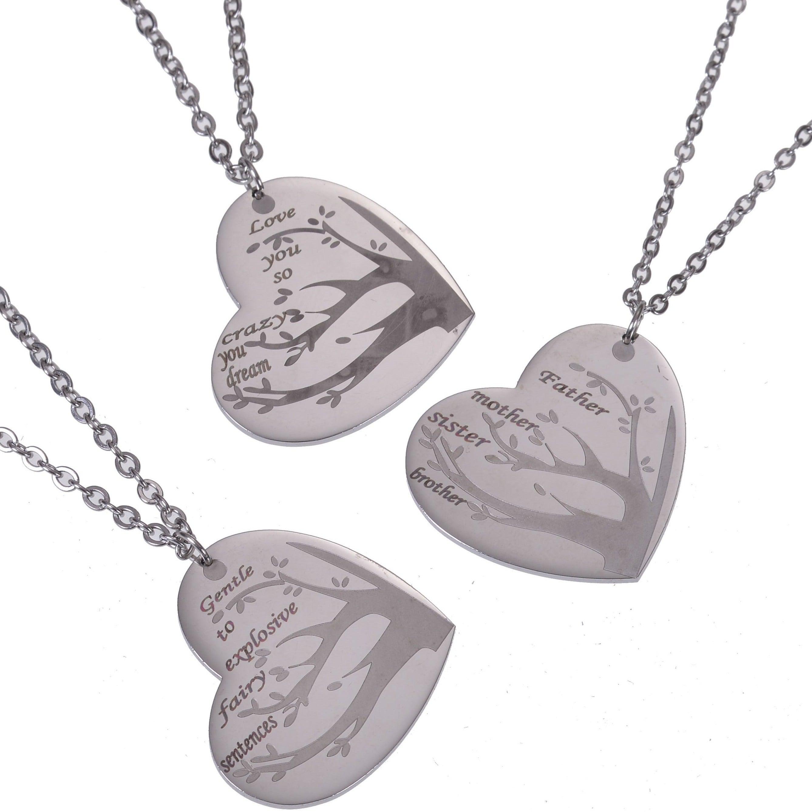 Three silver custom family tree necklace featuring multiple engraved names for children or grandchildren.