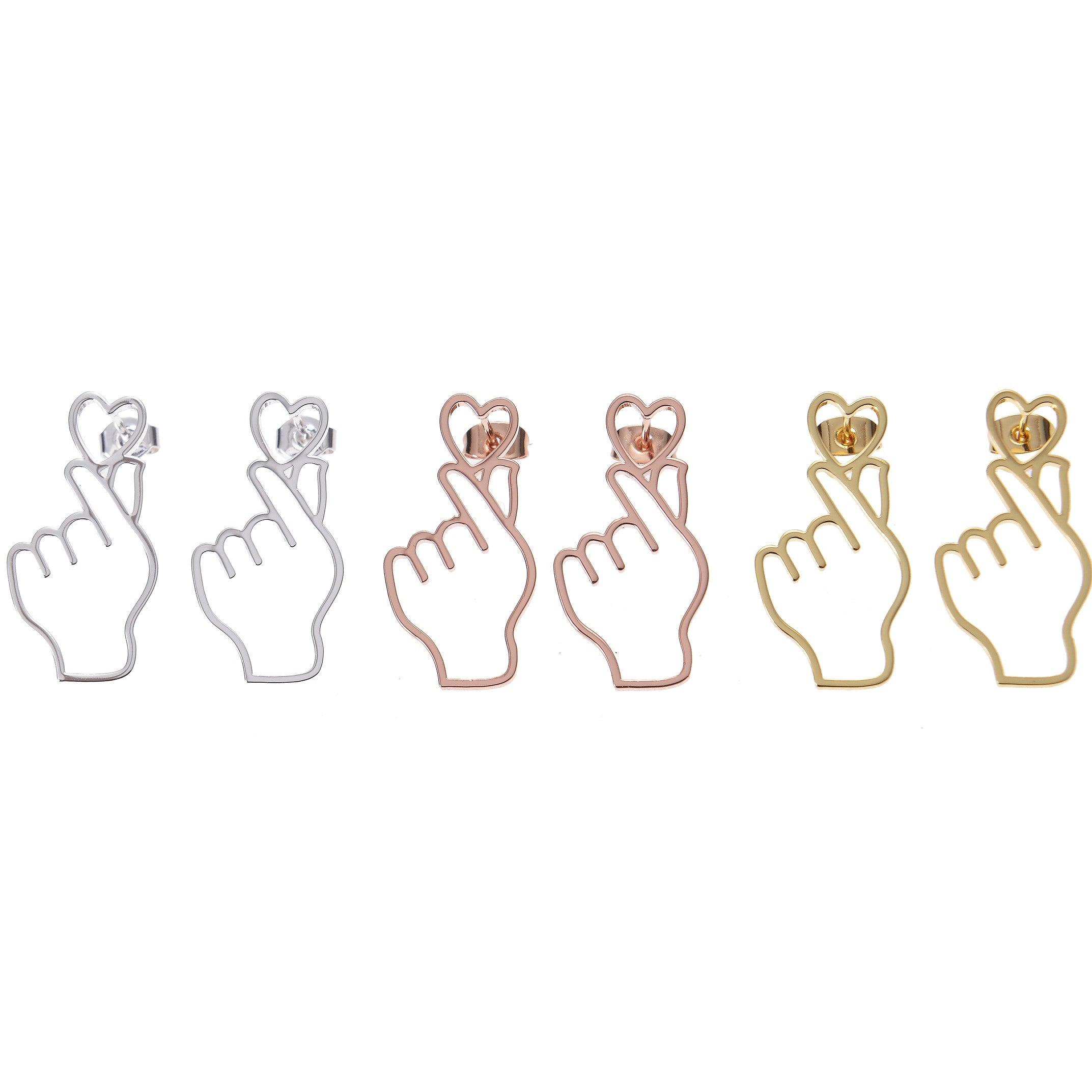 Three color options of Korean finger heart stud earrings