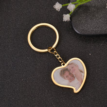 Close-up view of rose gold heart photo charm highlighting printed picture quality and rounded frame rim.