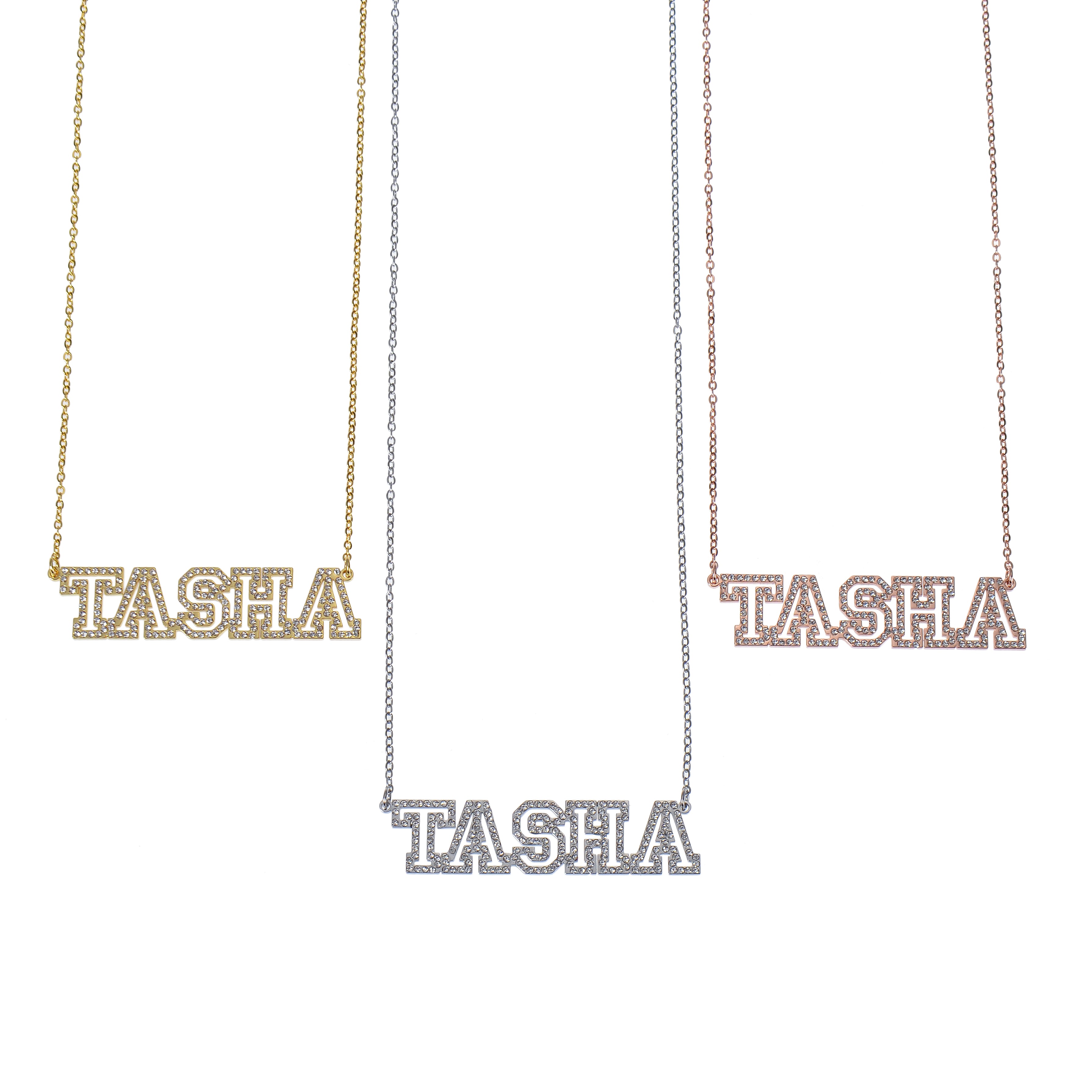 Gold silver and rose gold name necklaces together