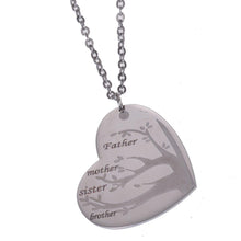 Silver custom family tree necklace featuring multiple engraved names for children or grandchildren.
