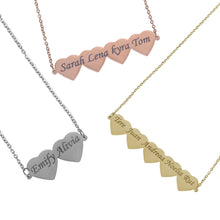 Trio of rose gold, silver, and gold custom family heart bar necklaces displayed together on clean white background.