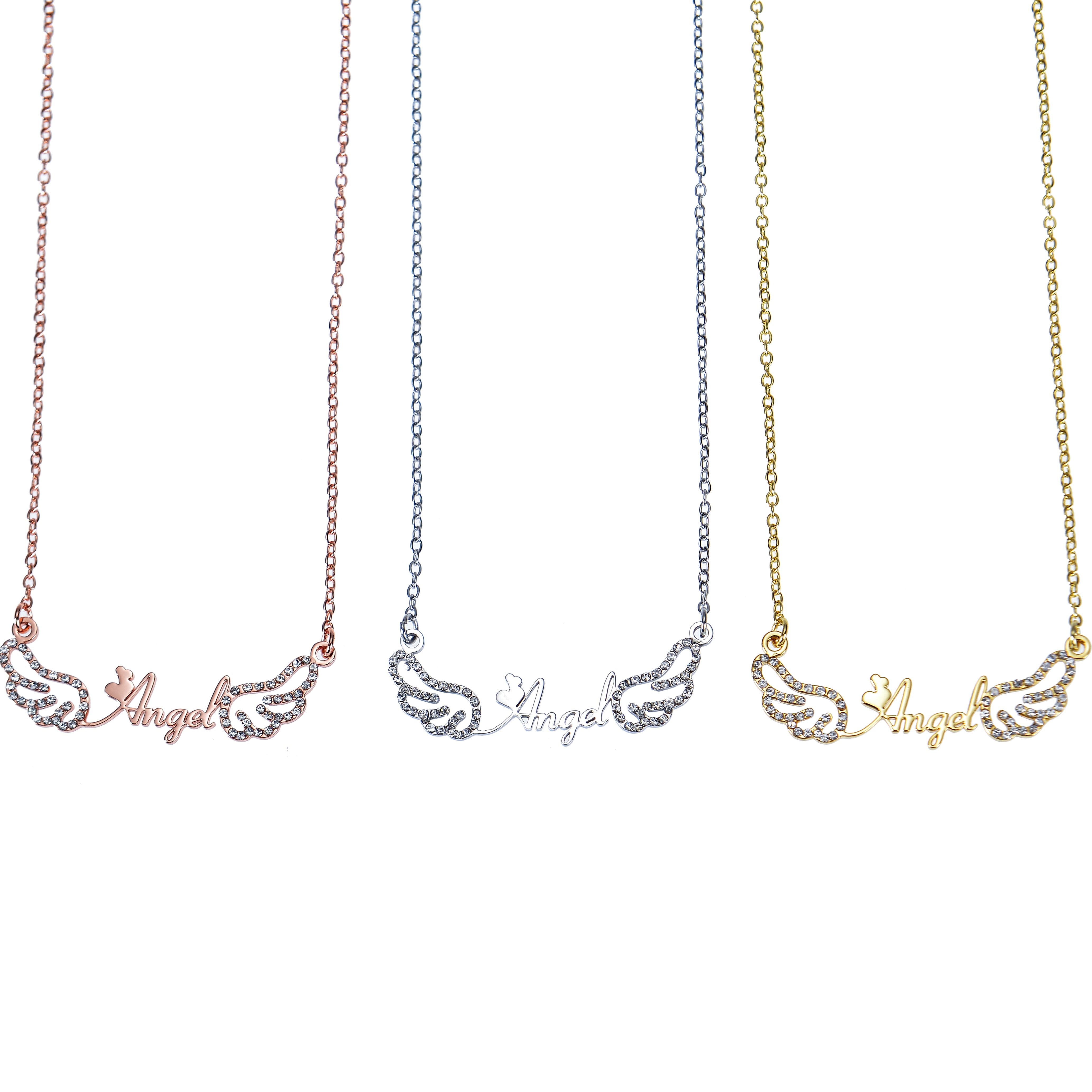 Gold, silver, and rose gold angel wing necklaces shown together