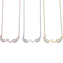 Gold, silver, and rose gold angel wing necklaces shown together