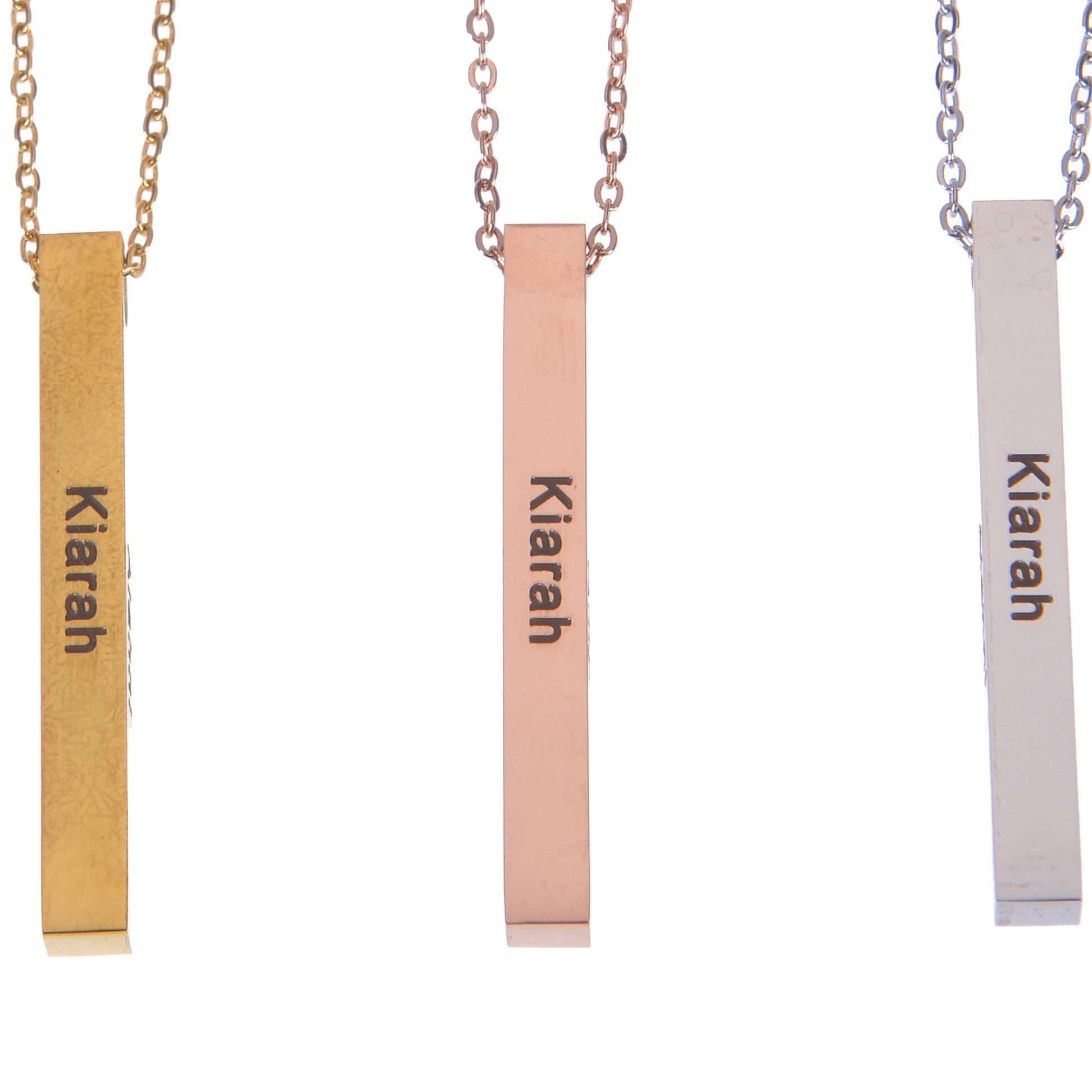 Gold, Silver, and Rose Gold personalized four sided bar necklaces displayed together.