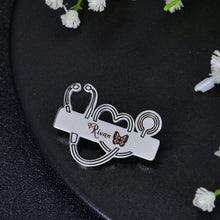 Silver stethoscope name badge engraved with custom name and butterfly charm