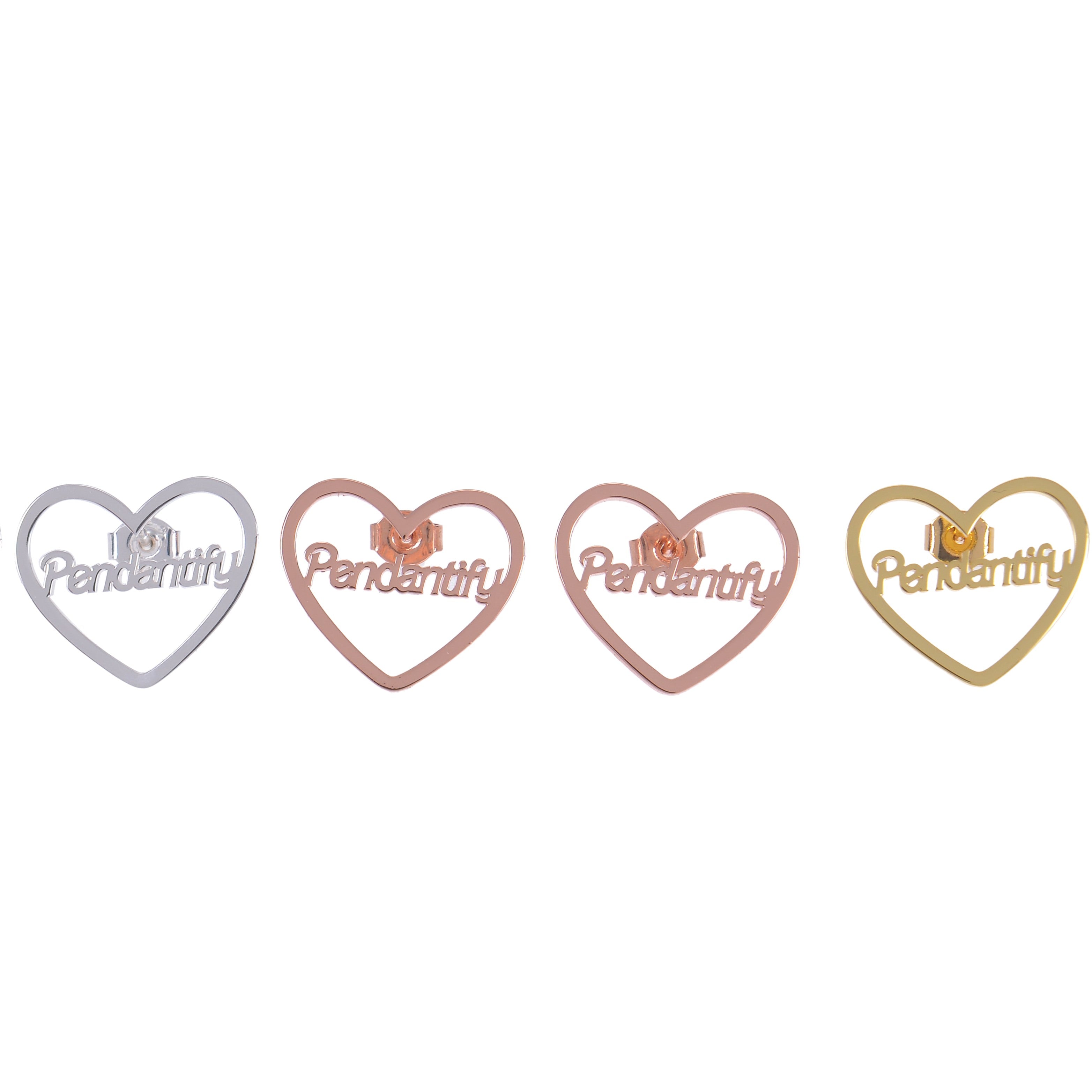 Display of silver, rose gold, and gold custom open heart script name stud earrings aligned on white background.