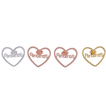 Display of silver, rose gold, and gold custom open heart script name stud earrings aligned on white background.