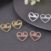 Pendantify personalized name heart stud earrings featuring custom script nameplate set inside an open heart outline frame in silver, rose gold, and gold.