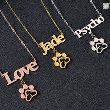 Three color options of custom paw necklace side by side