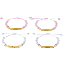 Pendantify rose quartz crystal bead bracelet with engraved custom name gold bar.
