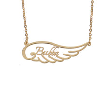 Close-up of personalized name engraved on an angel wing necklace pendant