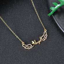 Gold custom angel wing name necklace with heart charm