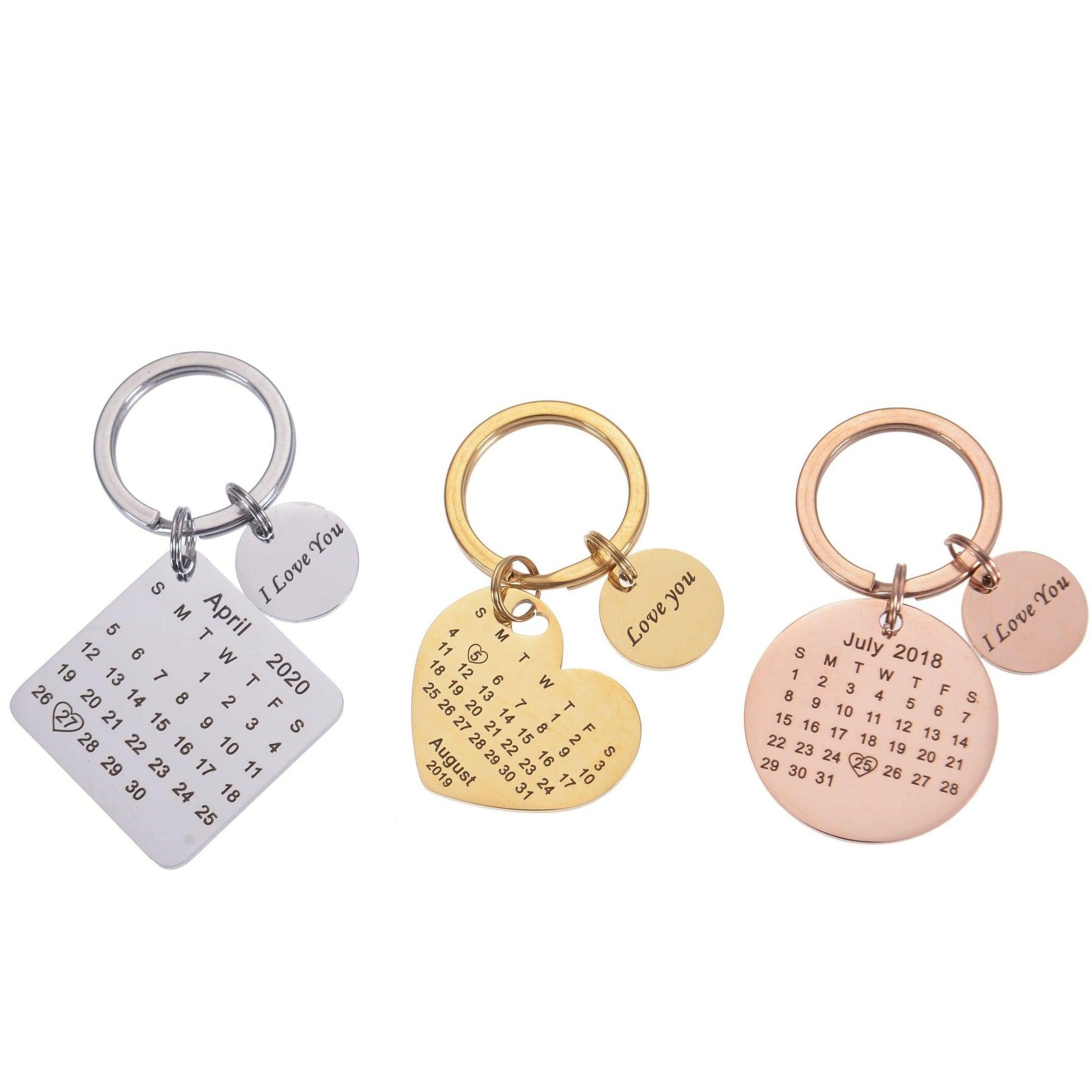 Circle, heart, and square calendar keychains shown together