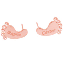 Rose Gold personalized baby footprint stud earrings with custom engraved names.