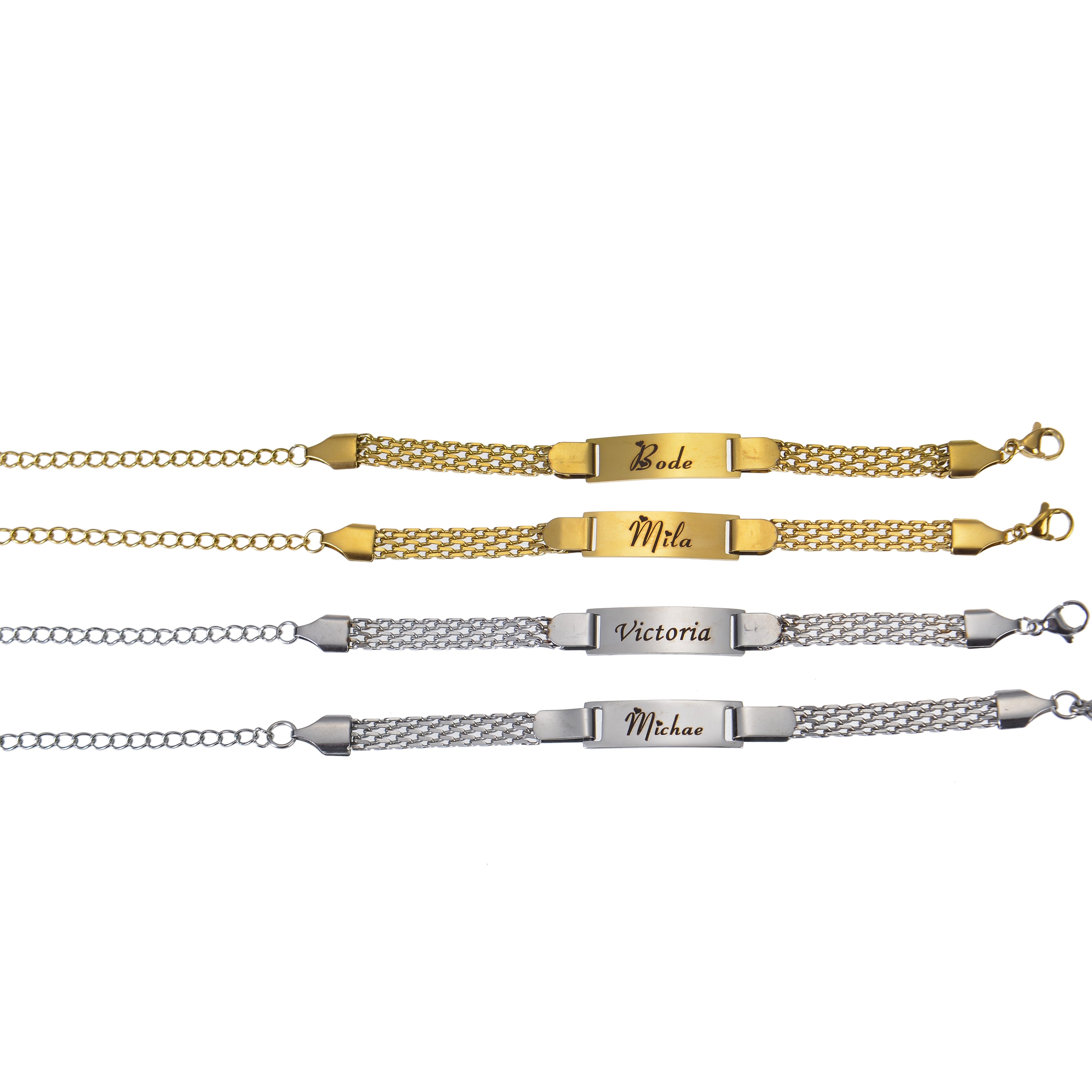 Display of gold and silver custom engraved double chain nameplate bracelets arranged horizontally on plain white background.