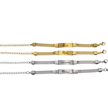 Display of gold and silver custom engraved double chain nameplate bracelets arranged horizontally on plain white background.