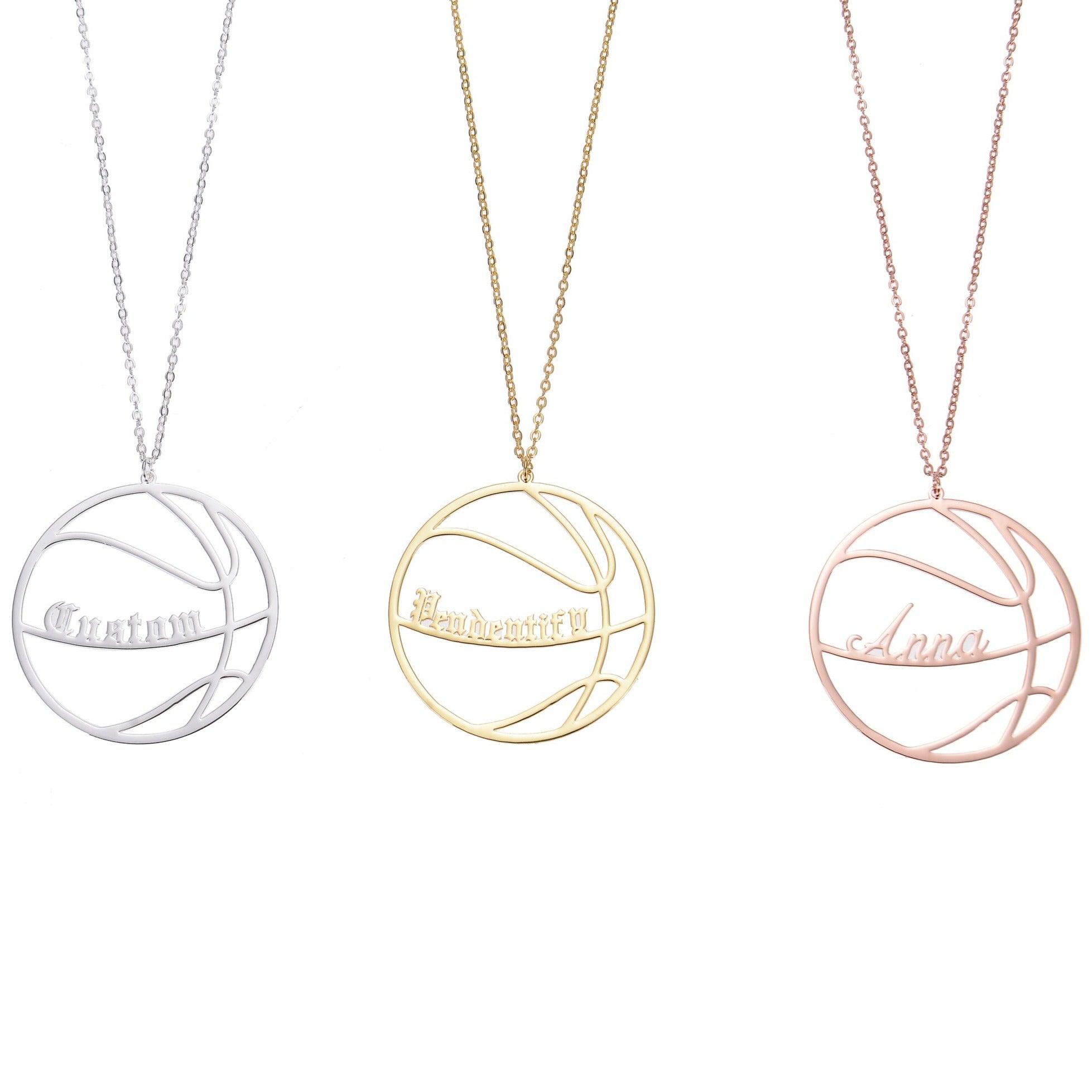 Personalized basketball necklaces displayed together as custom sports jewelry gifts for players, coaches, and fans.