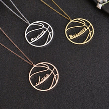 Silver, Gold, and Rose Gold personalized basketball necklaces displayed together.