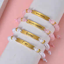 Pendantify personalized beaded name bracelet with custom engraved gold bar and pink quartz beads.
