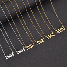 Gold, Silver, and Rose Gold personalized birth year necklaces displayed together.